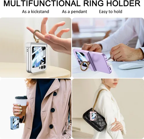 Vista 4 de Miimall Funda para Galaxy Z Flip 5 con soporte de anillo, protector de pantalla de protección de bisagra mejorado, anillo multifuncional ultrafino