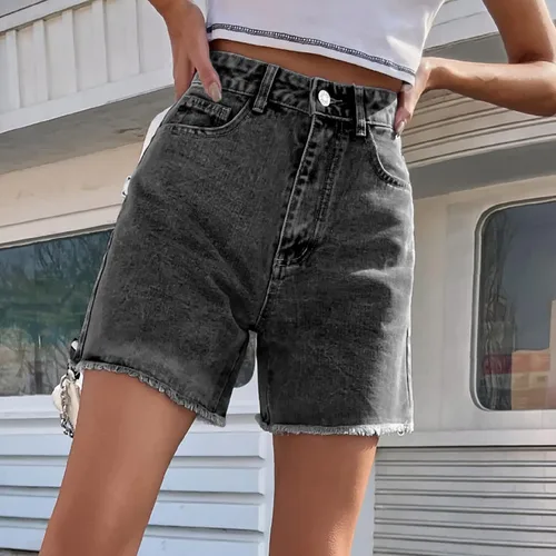 Vista 3 de PANOEGSN Pantalones cortos de mezclilla casuales para mujer, pantalones cortos de mezclilla de cintura alta para verano, pierna recta, dobladillo