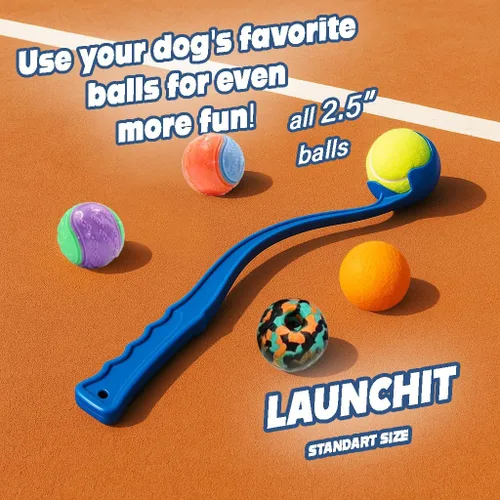 Vista 5 de Lanzador de pelotas para perros, lanzador de pelotas de tenis, diseño compacto de 13.8 pulgadas con pelota mediana de 2.5 pulgadas (azul)