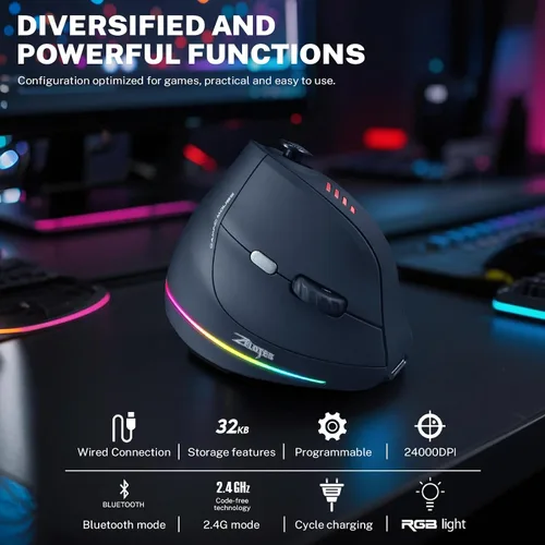 Vista 2 de Ratón Gaming con 5 D Rocker, Ratón Vertical Inalámbrico con [24000 DPI] [12 Botones Programables], Ratón de Ordenador para Negro