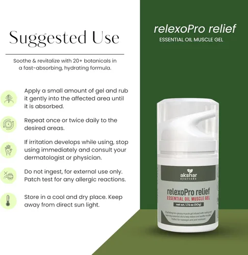 Vista 4 de Akshar Ayurveda Relaxo Pro Relief - Gel muscular natural refrescante y cálido para el cuello, rodillas y articulaciones, masaje calmante