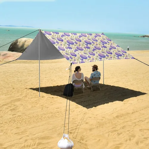 Vista 7 de Purple Celosia Flowers Stable Beach Tent UPF50+ Protection Waterproof Large Sun Shade with Sandbags & Sand Shovel for Family Travel