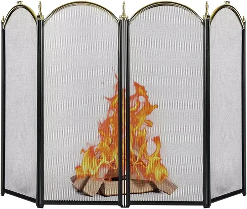 Vista 9 de Protector de chispas para estufa Amagabeli, 3 paneles, metal decorativo, para exteriores, cobertor de malla, seguro para los niños, diseño de hojas