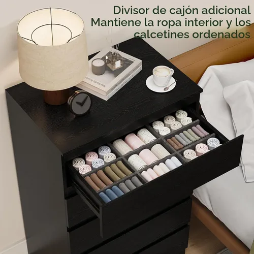 Vista 3 de Cómoda de madera negra para dormitorio, 5 cajones para almacenamiento de ropa, cómoda moderna con cajones anchos, cómoda de madera amplia para sala