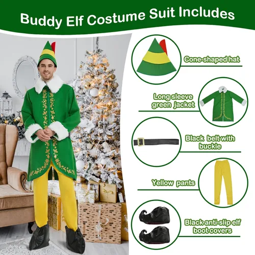 Vista 6 de Disfraz de elfo para hombre, traje de Navidad para adultos, 5 piezas, traje de lujo para parejas, cosplay, vacaciones, Halloween, fiesta de Navidad