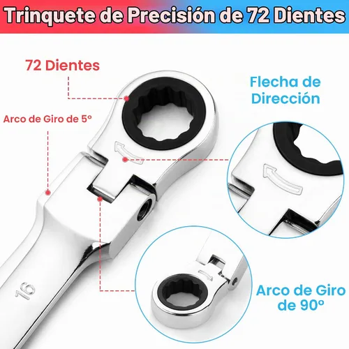 Vista 5 de Towallmark Juego de llaves combinadas de trinquete de 20 piezas, juego de llaves de trinquete combinadas, 72 dientes, SAE 1/4-3/4 pulgadas