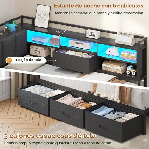 Vista 5 de Marco de cama de esquina doble con 4 cajones, estantería y cabecero de Negro