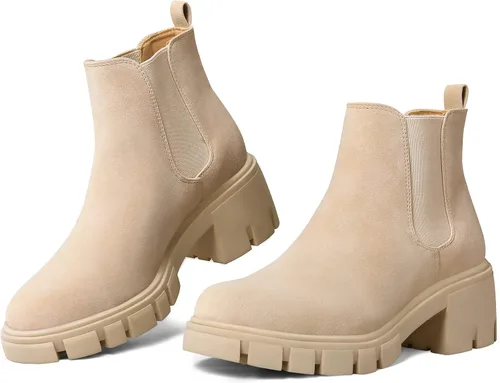 Vista 4 de mysoft Botas Chelsea de plataforma para mujer, con suela de lengüeta, botines de tacón grueso