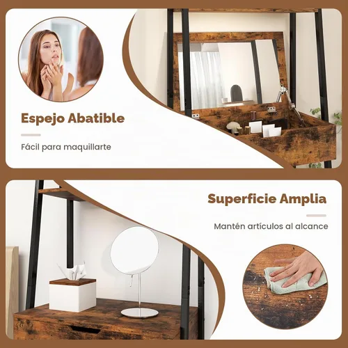 Vista 4 de CHARMAID Juego de escritorio de tocador de escalera – Mesa de tocador de maquillaje con espejo abatible, taburete acolchado, 4 compartimentos