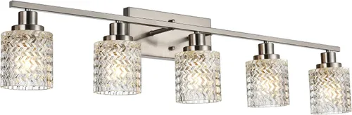 Vista 14 de MELUCEE Aplique de pared de 2 luces con pantalla de vidrio martillado, luces de baño de níquel cepillado sobre el espejo, accesorios de iluminación