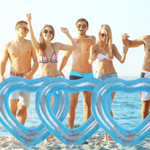 Vista 6 de Flotador inflable de 3 piezas de corazón para piscina, anillos de natación inflables con purpurina, despedida de soltera, tubo flotador, anillo
