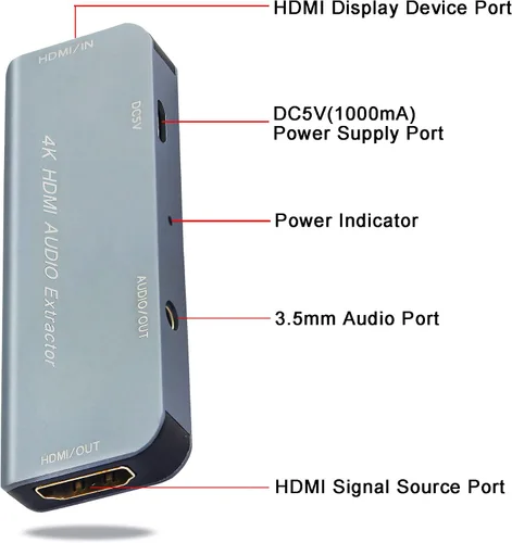 Vista 2 de GINTOOYUN Extractor de audio HDMI 4K, HDMI a HDMI y divisor de audio, video HD a convertidor de audio de 0.138 in, compatible con HDMI 4K, 3D, HDM