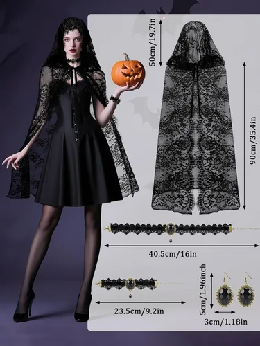 Vista 3 de Disfraz de bruja de Halloween, capa negra con capucha para mujer Gargantilla gótica, pulseras de encaje, pendientes, capa corta gótica, capa