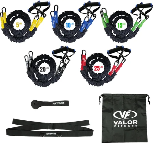 Vista 18 de Valor Fitness Bandas de resistencia – 5 libras a 25 libras – Mosquetones adjuntos y 2 bandas por opción de peso con asas – Funda cubierta
