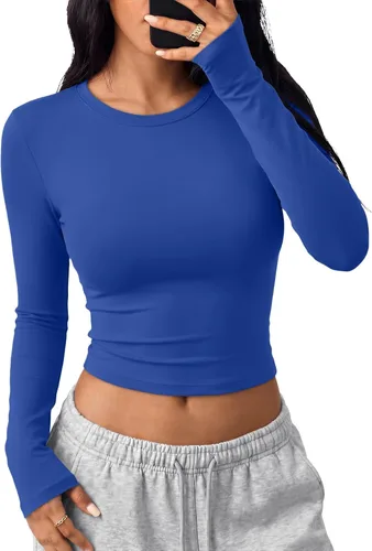 Vista 36 de Trendy Queen Camisetas cortas de manga larga para mujer, camisetas básicas Blanco