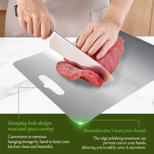 Vista 4 de Tabla de cortar de titanio, tablas de cortar de titanio 100% puro para cocina, doble cara de grado alimenticio, tabla de cortar apta
