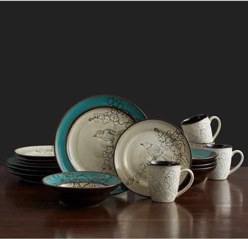 Vista 5 de Gourmet Basics by Mikasa Song Bird - Juego de vajilla de 16 piezas, verde, gris
