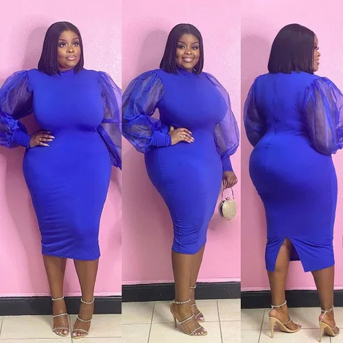 Vista 4 de OLUOLIN Vestidos elegantes de talla grande para mujer, de malla transparente, manga abombada, tipo túnica, bodycon