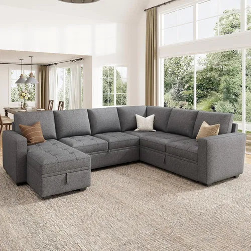 Vista 12 de HONBAY Sofá cama modular modular con cama extraíble, sofá en forma de L con asiento de almacenamiento, sofás seccionales para sala de estar, beige