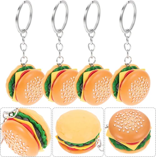Vista 8 de jojofuny 4 llaveros de hamburguesa 3D con colgante de hamburguesa con queso, llavero de simulación de alimentos, para bolsas de puré, para recuerdos