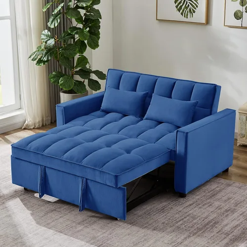 Vista 10 de Sofá cama biplaza de terciopelo convertible y moderno con cama desplegable, respaldo ajustable y 2 almohadas lumbares, para espacios pequeños