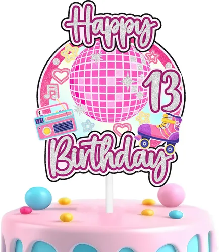 Vista 12 de Decoración retro de pastel de discoteca para niñas de 10 cumpleaños feliz hip hop, decoraciones de boombox, fiesta de patinaje sobre ruedas, fiesta