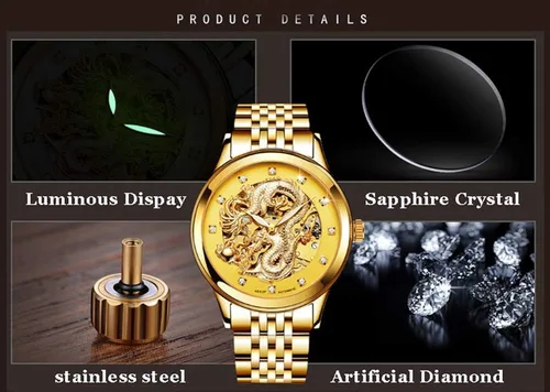Vista 6 de Gosasa Reloj de oro mecánico de lujo con esfera tallada para hombre 'Dragon Collection