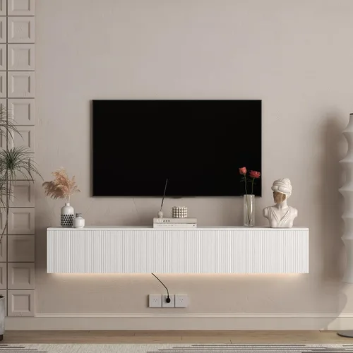 Vista 17 de Soporte flotante para TV montado en la pared con 20 LED de color, soporte de TV moderno de 63 pulgadas, gabinete de TV flotante centro