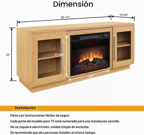 Vista 5 de Cheerway Soporte de TV con chimenea 3D para televisores de hasta 65 pulgadas, mesa de centro de entretenimiento multimedia de madera y gabinetes