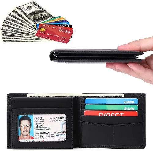 Vista 3 de GOIACII - Elegante cartera de cuero genuino para hombre, tarjetero espacioso con bloqueo RFID, doble blando, 2 tarjetas de identificación