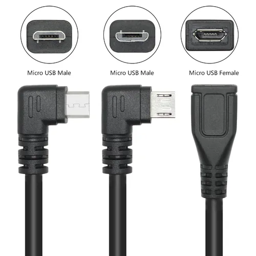 Vista 3 de Cable de extensión micro USB corto de 9 pulgadas, 90 grados de ángulo izquierdo y recto micro USB macho a hembra de 5 pines de datos de carga