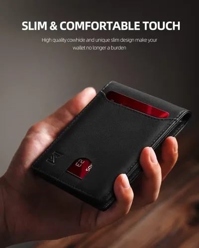 Vista 6 de MIROMIHO Cartera delgada de cuero genuino para hombres minimalista plegable bloqueo RFID con caja de regalo, 0-negro natural TQB01, Minimalista