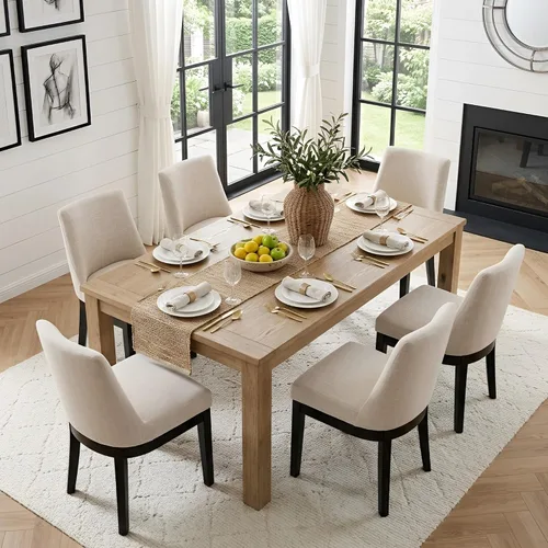 Vista 8 de HNY Juego de 2 sillas de comedor modernas con cómodo soporte de espalda, sillas de comedor tapizadas de lino suave con patas de madera maciza