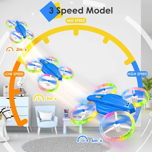 Vista 5 de Dron para niños y principiantes con luz LED, pequeño dron de interior con luces RC, voltereta de 360, 2 baterías, juguete volador para niños, regalo