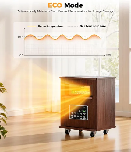 Vista 6 de Calentador de espacio infrarrojo para uso en interiores - Calentador de caja portátil de 1500 W con gabinete de madera, control remoto