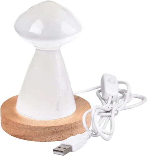 Vista 2 de JIC Gem Lámpara de selenita USB con forma de hongo blanco, pequeña lámpara de cristal de selenita de 3,1 pulgadas con base de soporte de luz