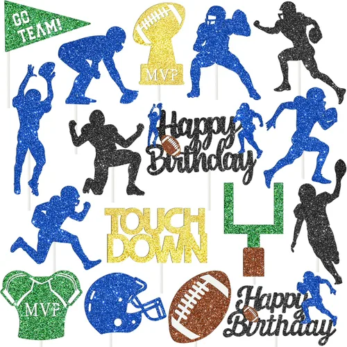 Vista 2 de 24 decoraciones de fiesta de fútbol con purpurina para cupcakes, decoración de fiesta de cumpleaños, decoración de pastel de rugby para jugadores