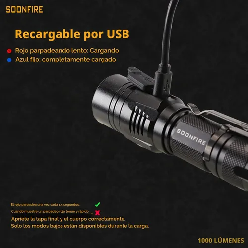Vista 4 de Linterna LED blanca de 1000 lúmenes, E USB recargable impermeable compacta EDC Linternas de aplicación de la ley