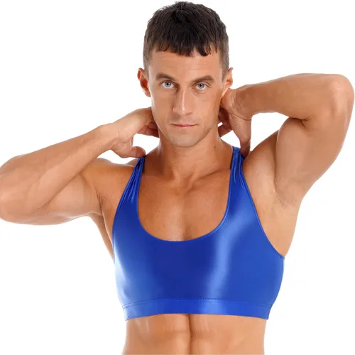 Vista 4 de YiZYiF Camiseta deportiva brillante con espalda cruzada para hombre, para gimnasio, entrenamiento, fitness, correr, atlética