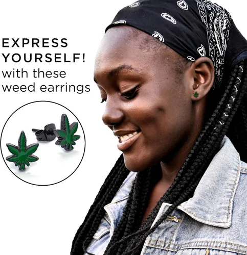 Vista 8 de Pierce2GO - Par de pendientes de 316L con colgante de hoja de marihuana