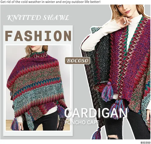 Vista 14 de Capa tipo poncho de punto para mujer, cárdigan de punto con flecos para otoño e invierno