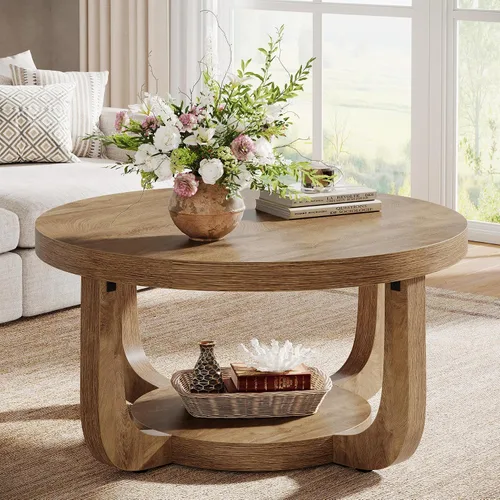 Vista 10 de Tribesigns - Mesa de café redonda, mesa de café circular de 2 niveles con almacenamiento, mesa auxiliar moderna de acento de madera para sala