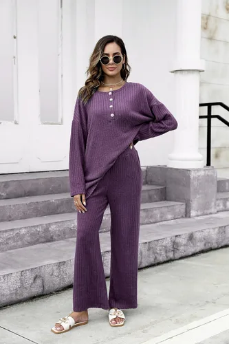 Vista 3 de Conjunto de 2 piezas para mujer, sudadera de gran tamaño con botones y pantalones de descanso a juego