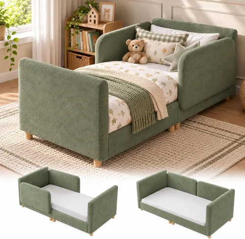 Vista 9 de DoCred Cama infantil, cama tapizada para niños y niñas Camas de suelo para niños pequeños con rieles extraíbles, cama suave de perfil bajo para B