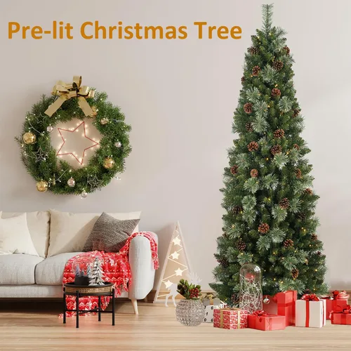 Vista 3 de Árbol de Navidad artificial preiluminado de 6.5 pies, árbol de Navidad artificial de pino con 250 luces LED, agujas de pino y conos de pino