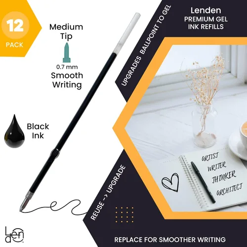 Vista 2 de Paquete de 12 repuestos de tinta de gel para bolígrafos retráctiles, punta media de 0.028 in, tinta negra, se adapta a bolígrafos retráctiles, Negro