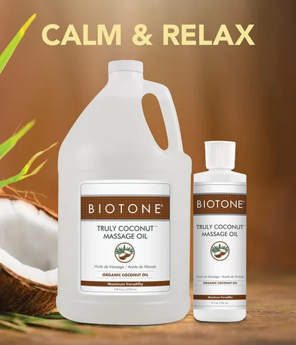 Vista 6 de BIOTONE Aceite de masaje de coco verdaderamente con aceite de coco orgánico, elimina la tensión y promueve la relajación profunda, ligero, versátil