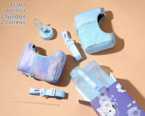 Vista 4 de H2O Capsule Paquete económico de botella de agua cuadrada de medio galón, botella de agua de 2.2 L con correa, 2 fundas, tapa con popote cubierta