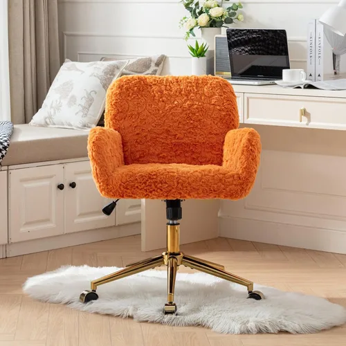 Vista 14 de HomVent Bonita silla de oficina peluda, moderna silla de piel sintética negra con ruedas y base dorada, silla giratoria ergonómica ajustable