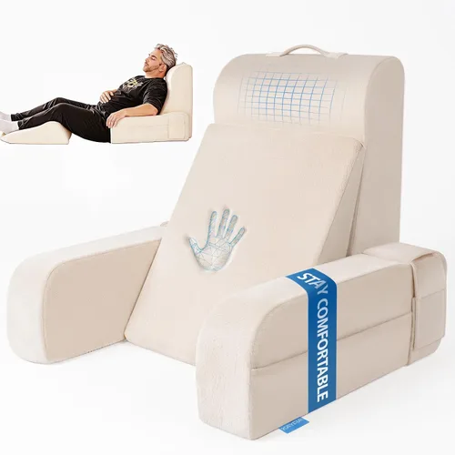 Vista 11 de Kayfia Almohada de lectura, almohada de espalda 10 en 1 para cama sentada con reposabrazos desmontable, respaldo con espuma viscoelástica de gel